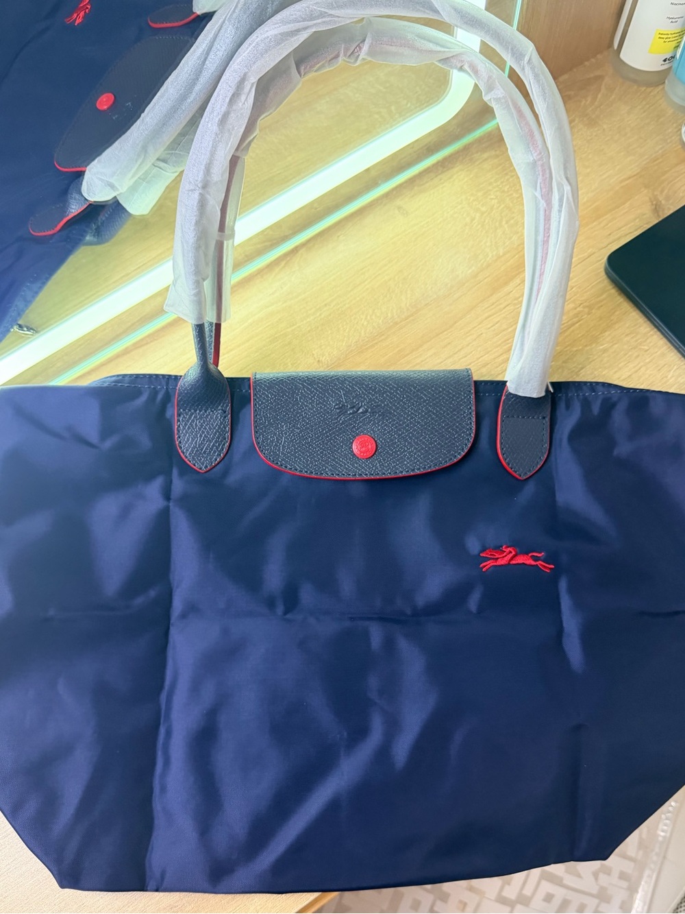 NWT Longchamp Le Pliage Club Large Shoulder Tote Bag Navy Red
